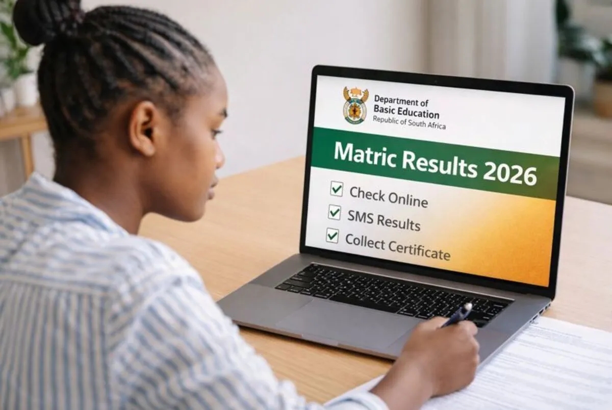 Student checking matric results on a laptop with a printed checklist beside them