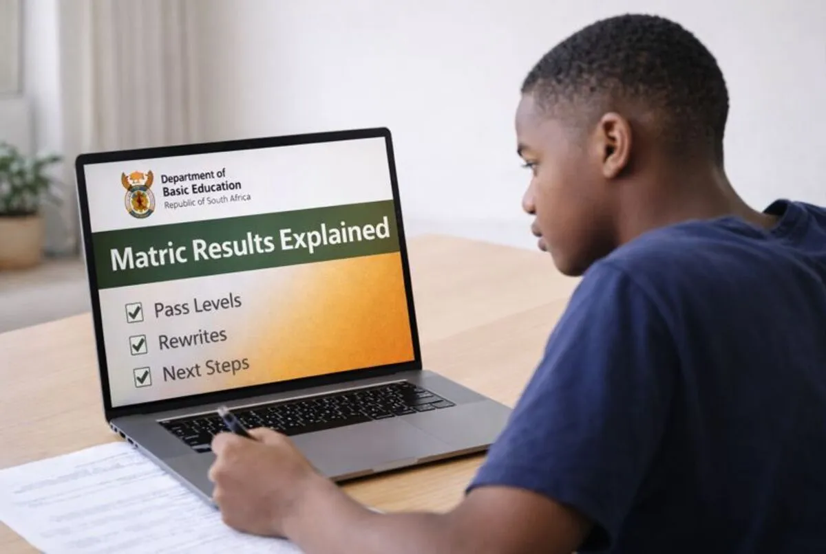 South African student checking matric results on laptop with printed checklist beside them