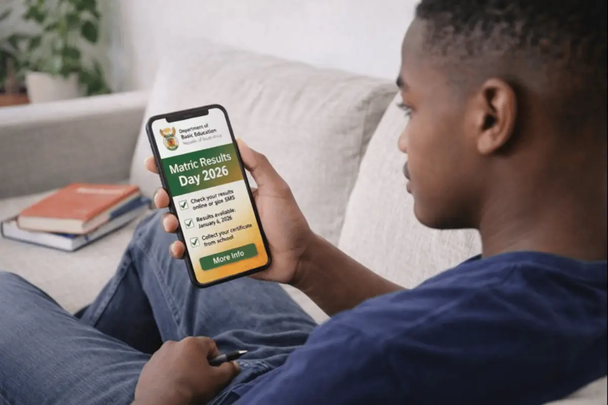 South African student checking matric results on phone