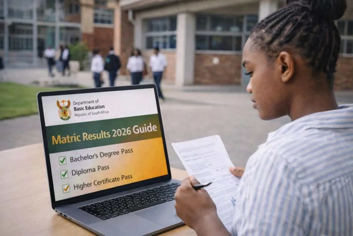 South African female student outside school checking matric results with printed checklist in hand