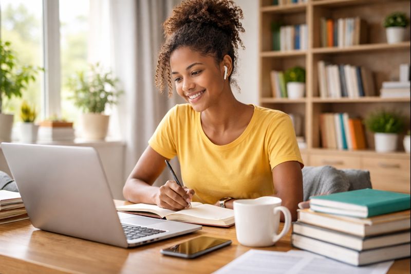 South African student studying online with laptop and books at home