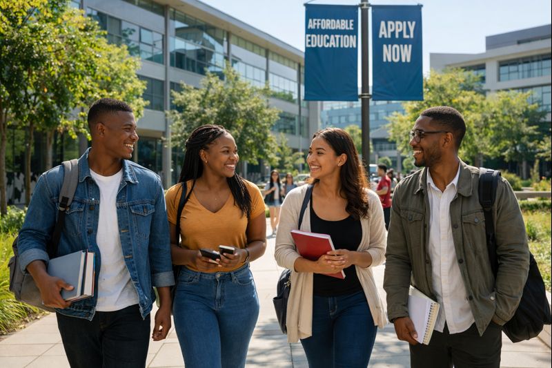South African students walking on a university campus with low-cost education banners