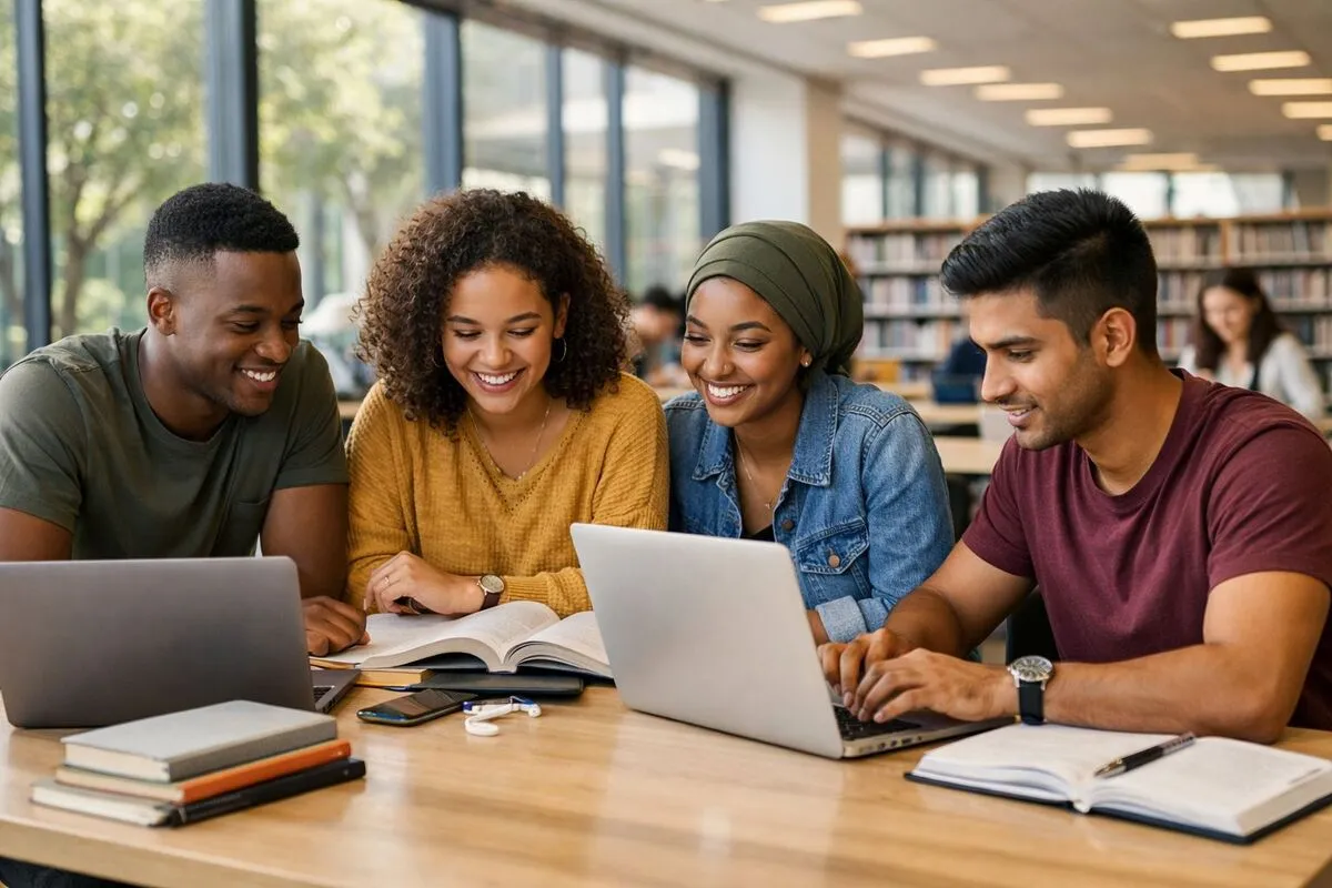 South African students studying with laptops and books in a modern campus library