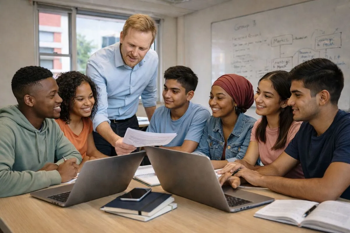 South African university students attending a support class with a lecturer guiding them