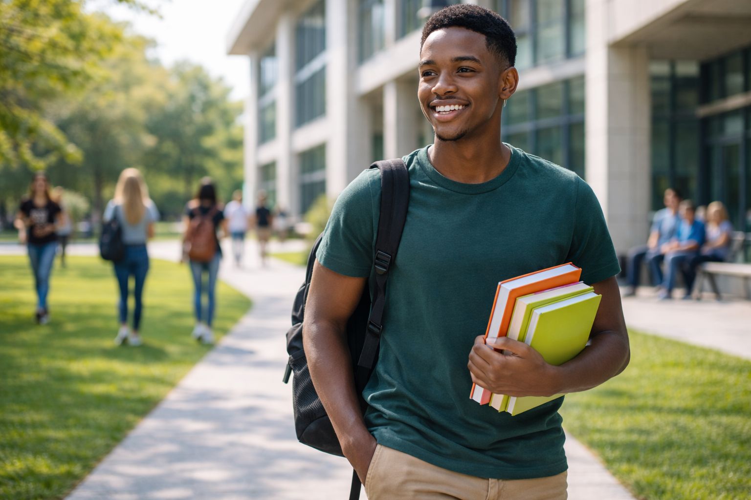 First-year student walking on a South African university campus with books and backpack