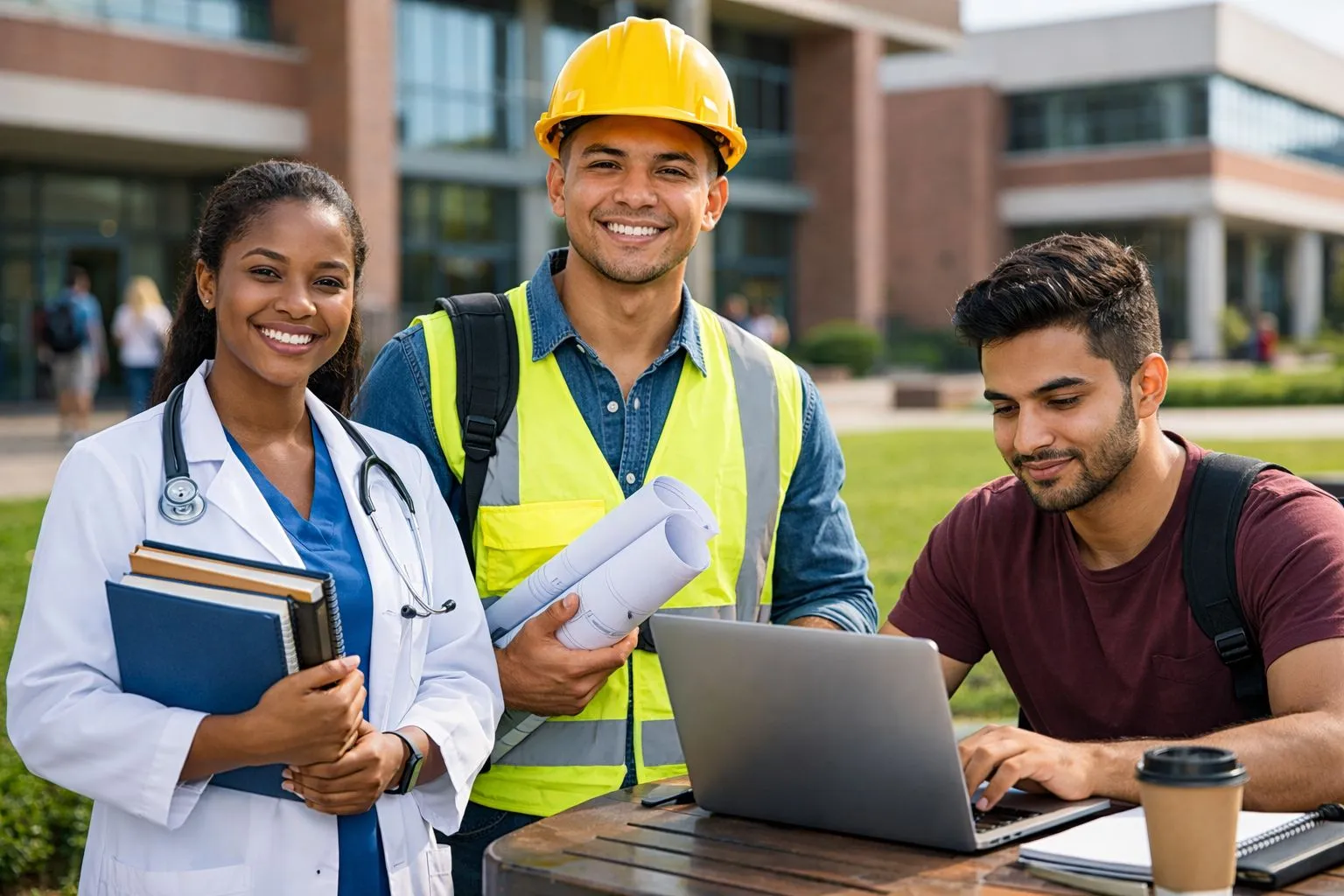 South African university students studying medicine engineering and computer science in a modern campus setting