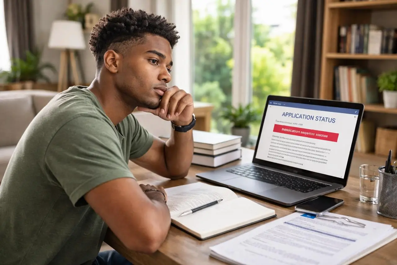 South African student reading university rejection email while planning next study steps on laptop