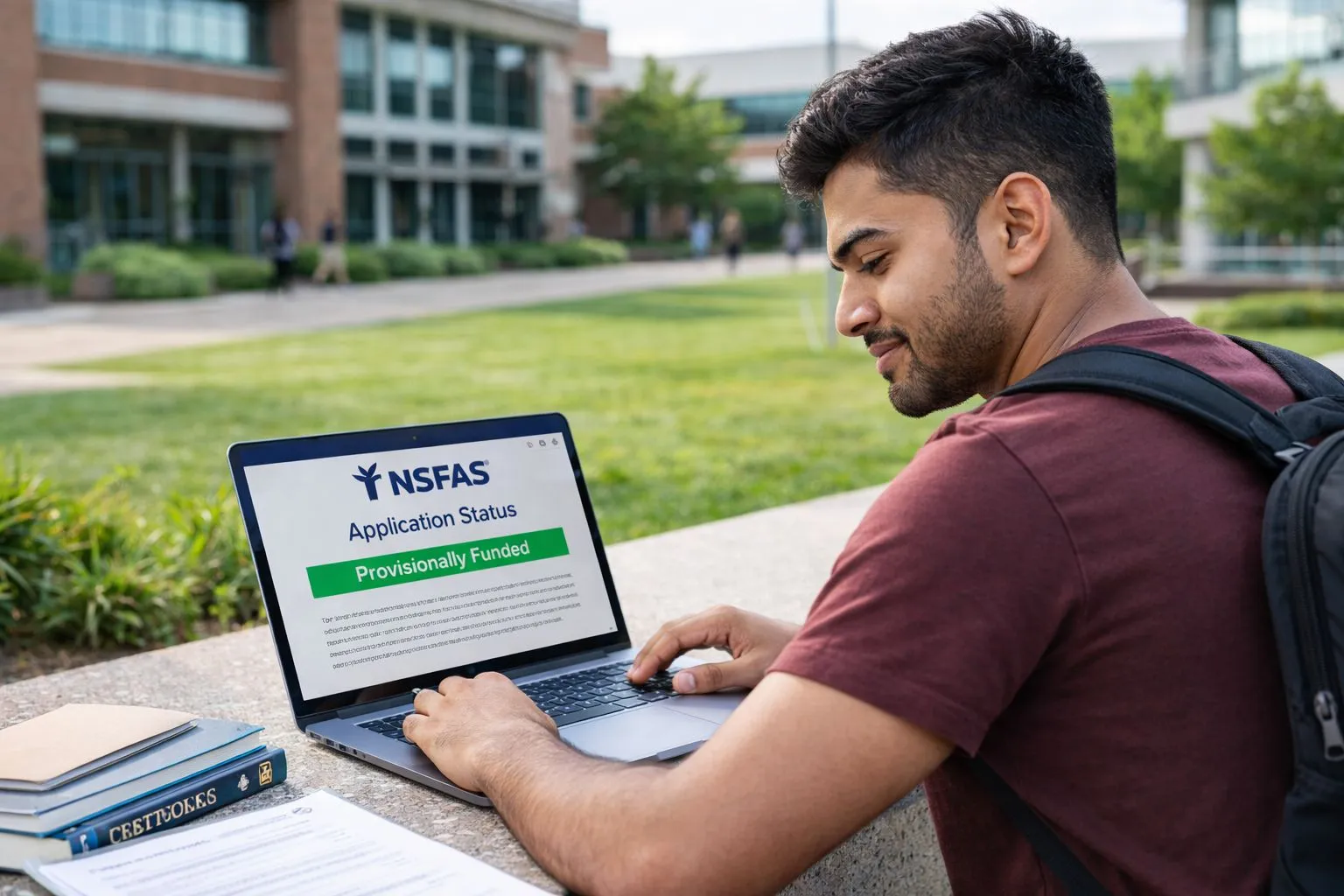 South African student checking NSFAS funding status on laptop at university campus