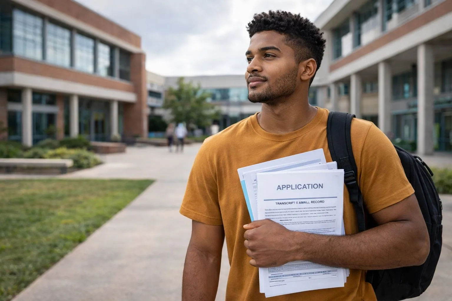 South African student holding university documents while walking between campus buildings