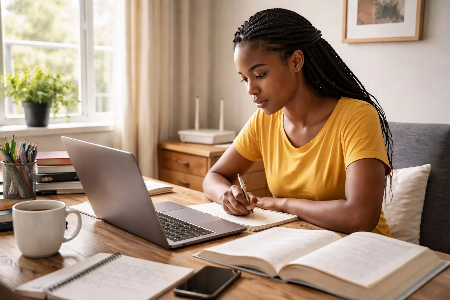 South African student studying online from home with laptop and textbooks in a bright room