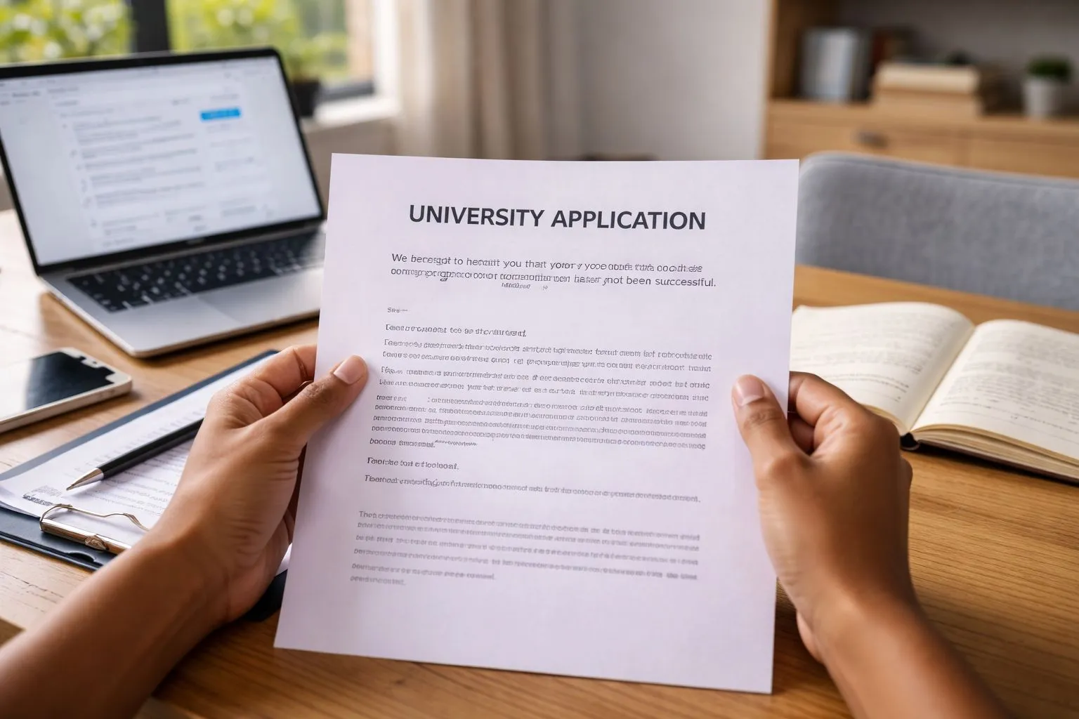 South African student reading university rejection letter while planning next academic steps at a desk