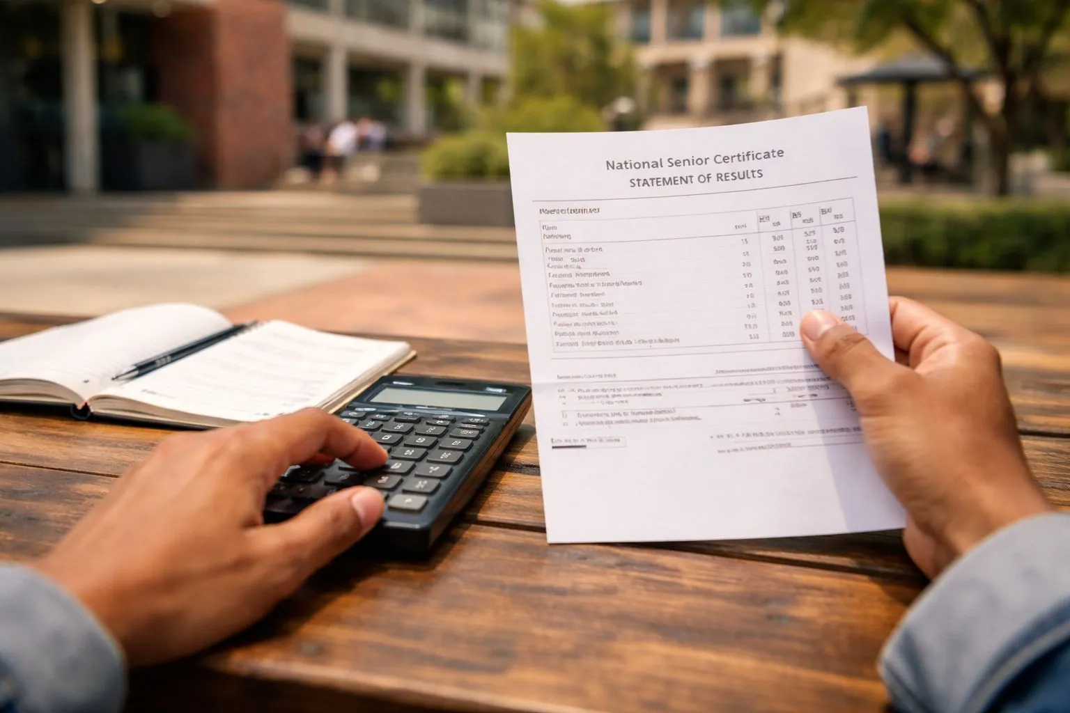 South African Grade 12 student calculating APS score while holding matric results on a university campus