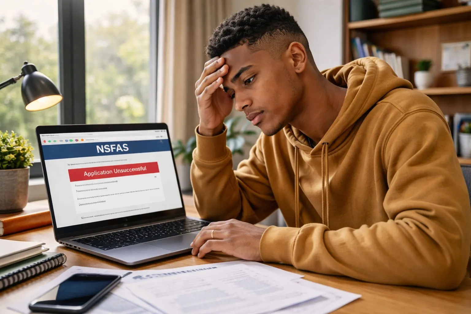 South African university student checking NSFAS appeal status on laptop with concerned expression