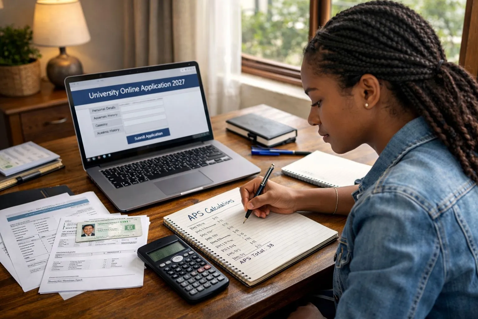 South African high school student preparing university application documents at desk with laptop and papers