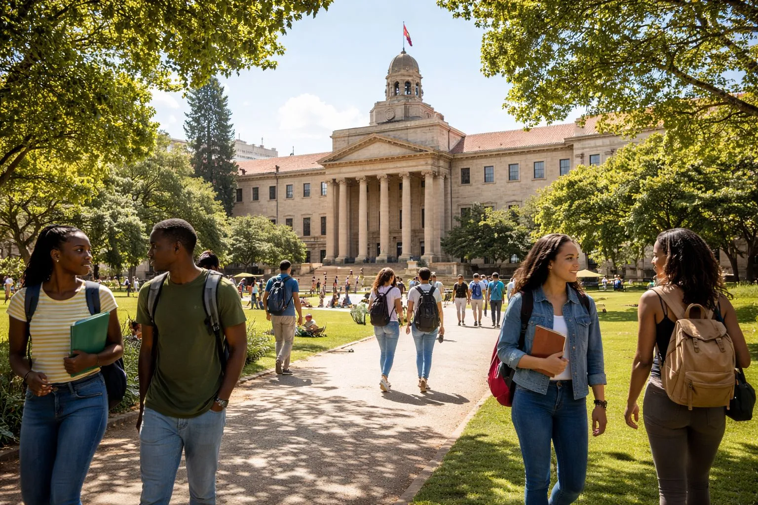 University of Pretoria campus with students walking near main building in Pretoria South Africa