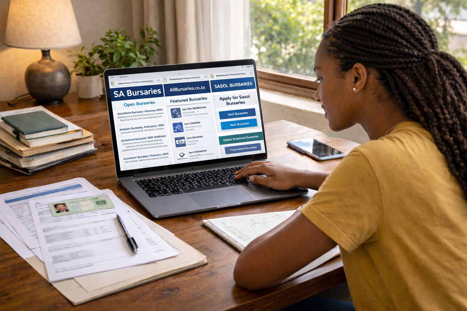 South African university student reviewing bursary application options on laptop with documents on desk