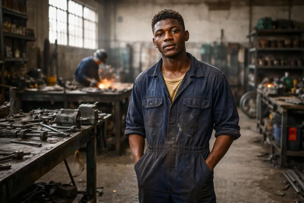 Young South African TVET student in a worn workshop uniform standing inside a simple engineering workshop with tools and metal work around