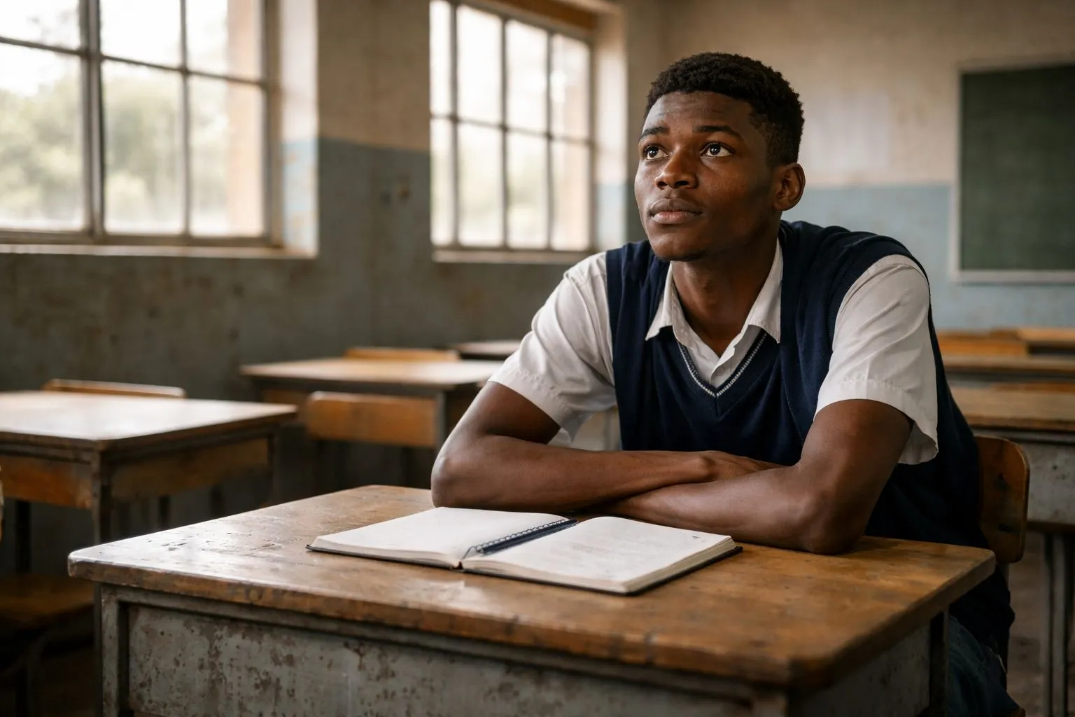 Young South African learner sitting alone in a modest classroom looking hopeful but worried