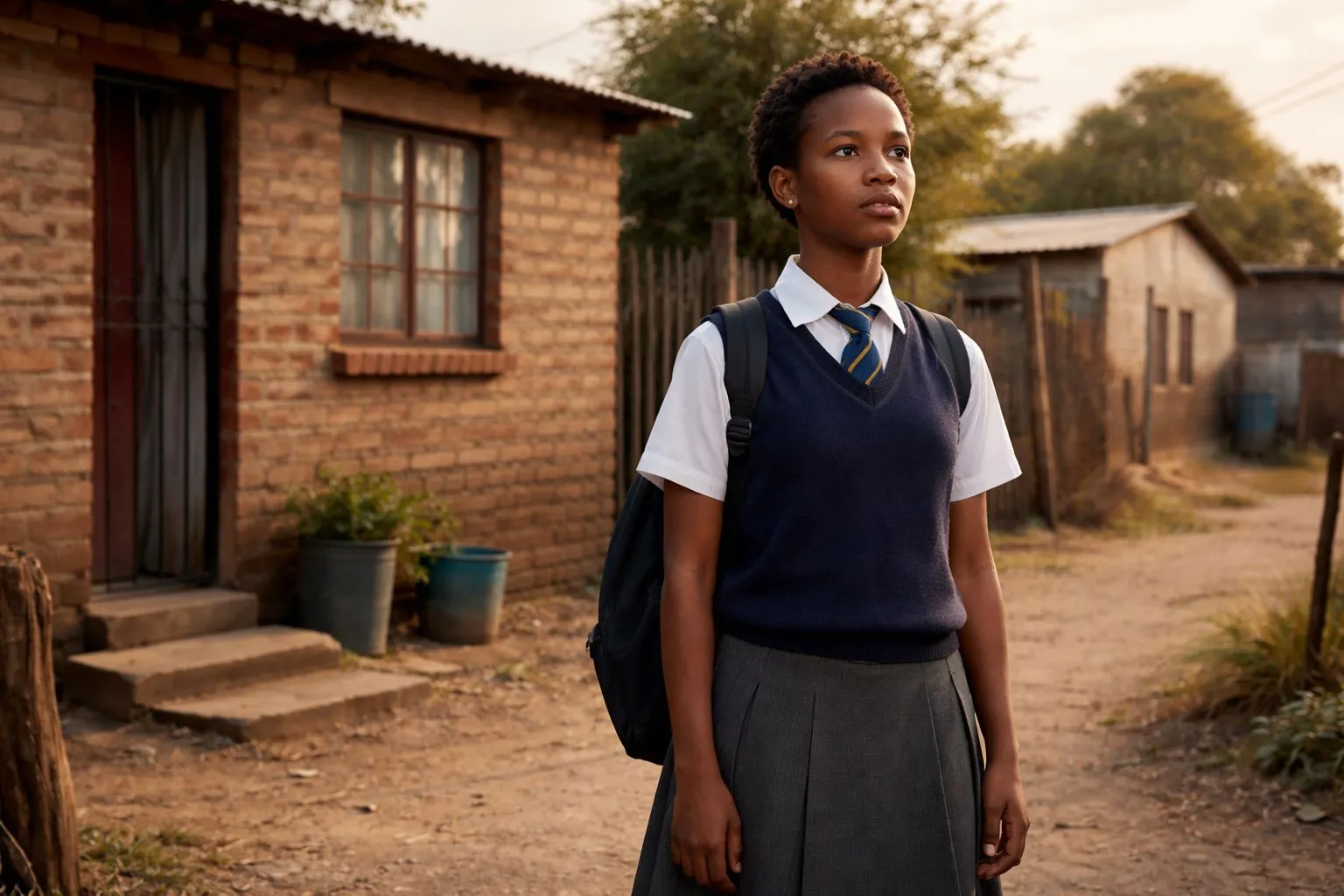 Young South African student standing outside a modest home looking hopeful but worried
