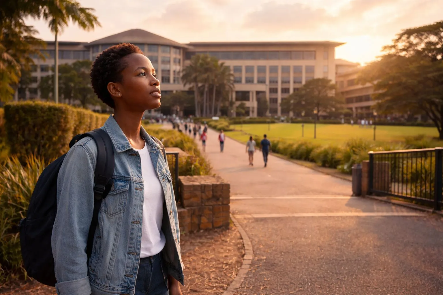 Young South African student standing outside a university campus looking hopeful about the future