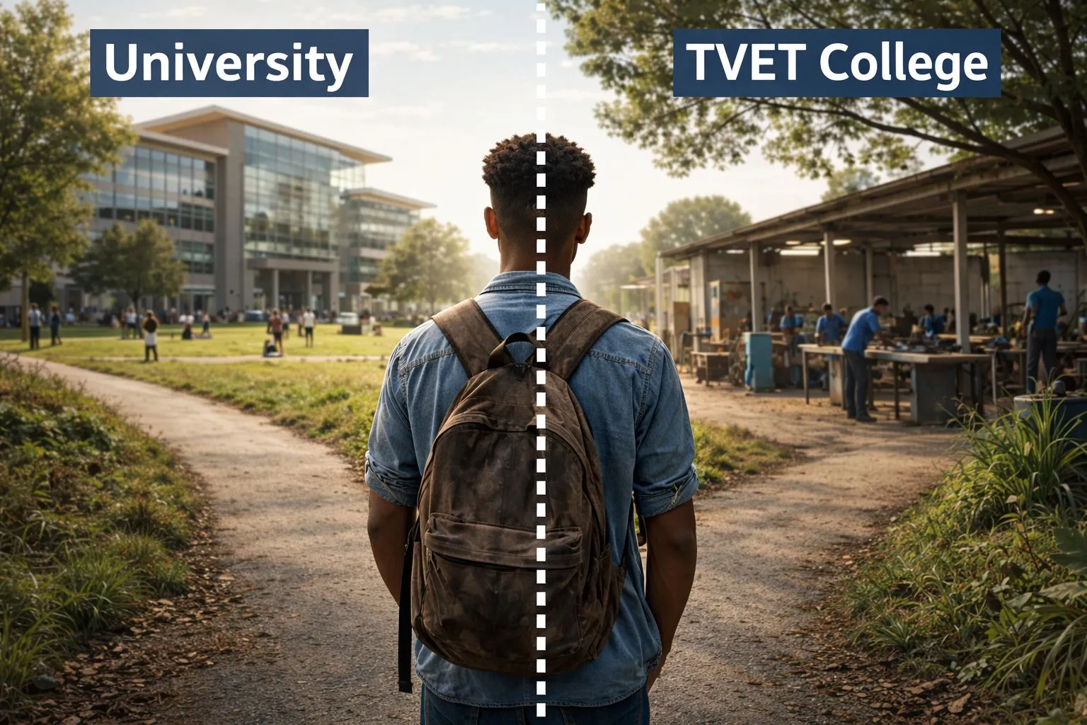 Young South African matric learner standing between a university campus and a TVET workshop looking unsure but hopeful