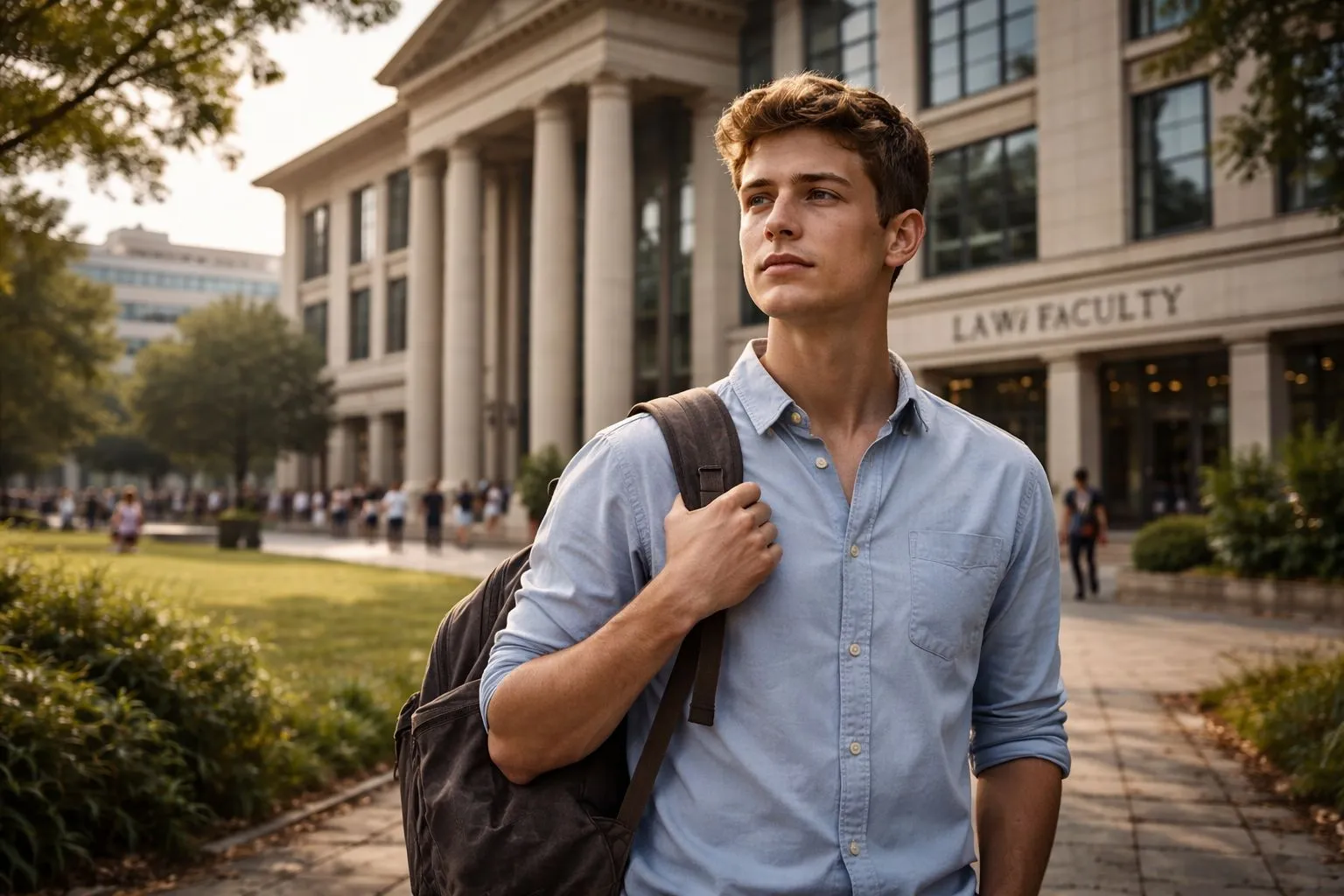White South African law student standing outside a university law building looking serious and hopeful
