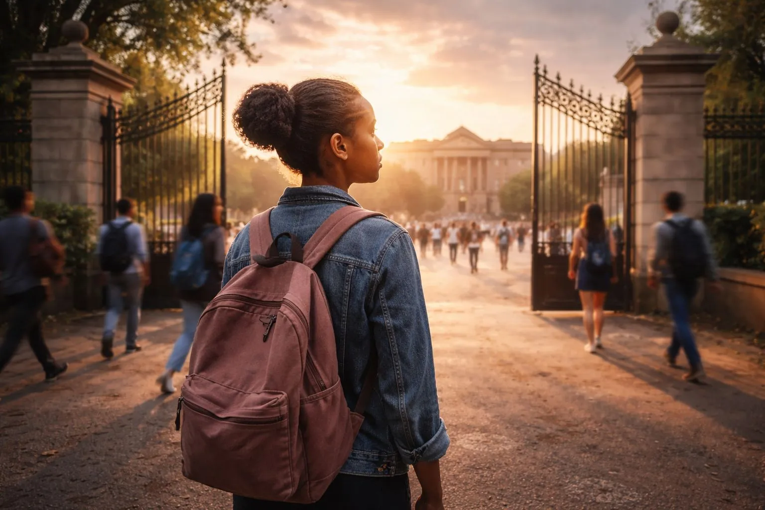 Emotional South African student standing outside a large university gate looking worried and hopeful