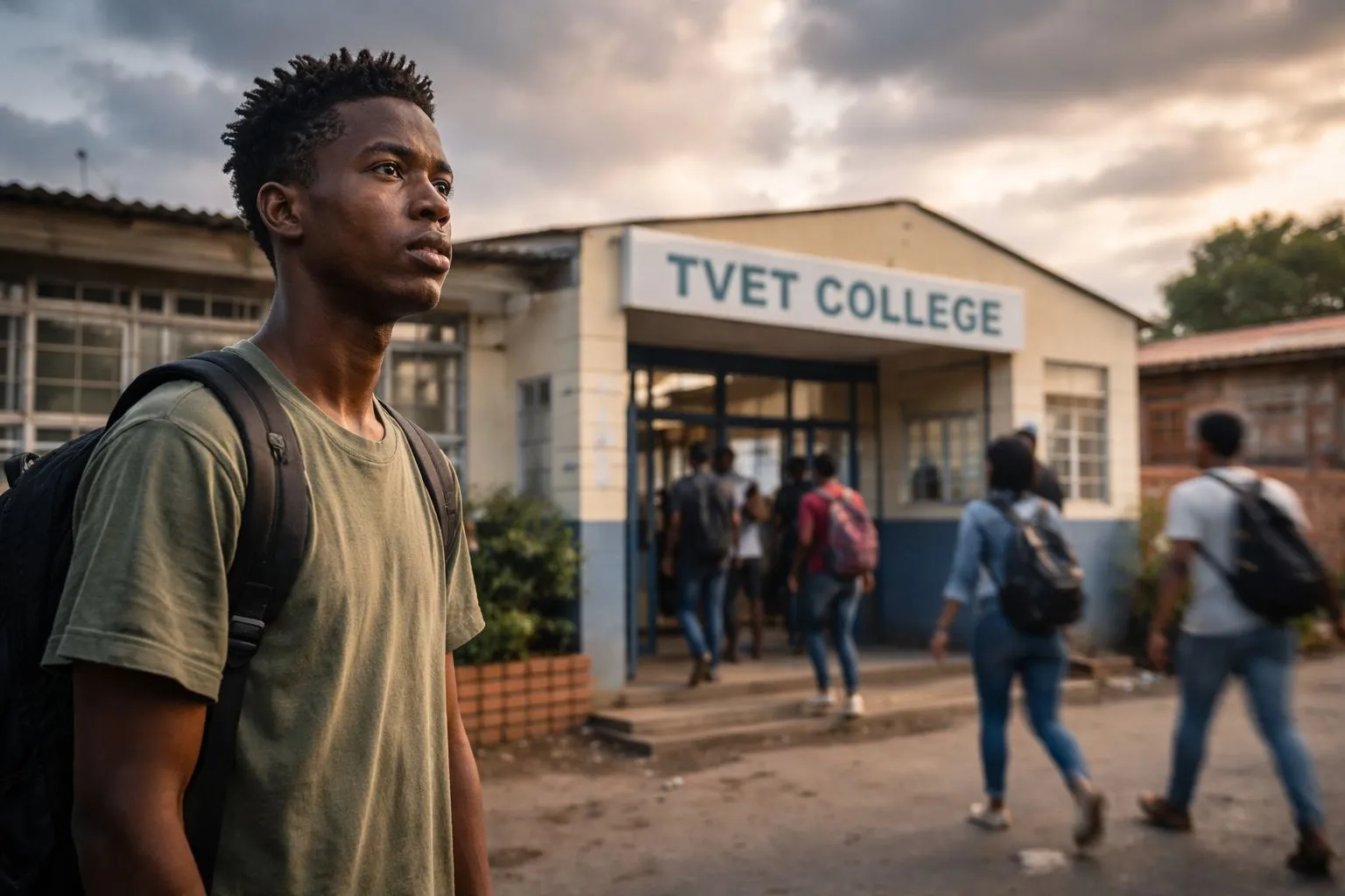 Young South African person standing outside a small training college building looking hopeful but worried