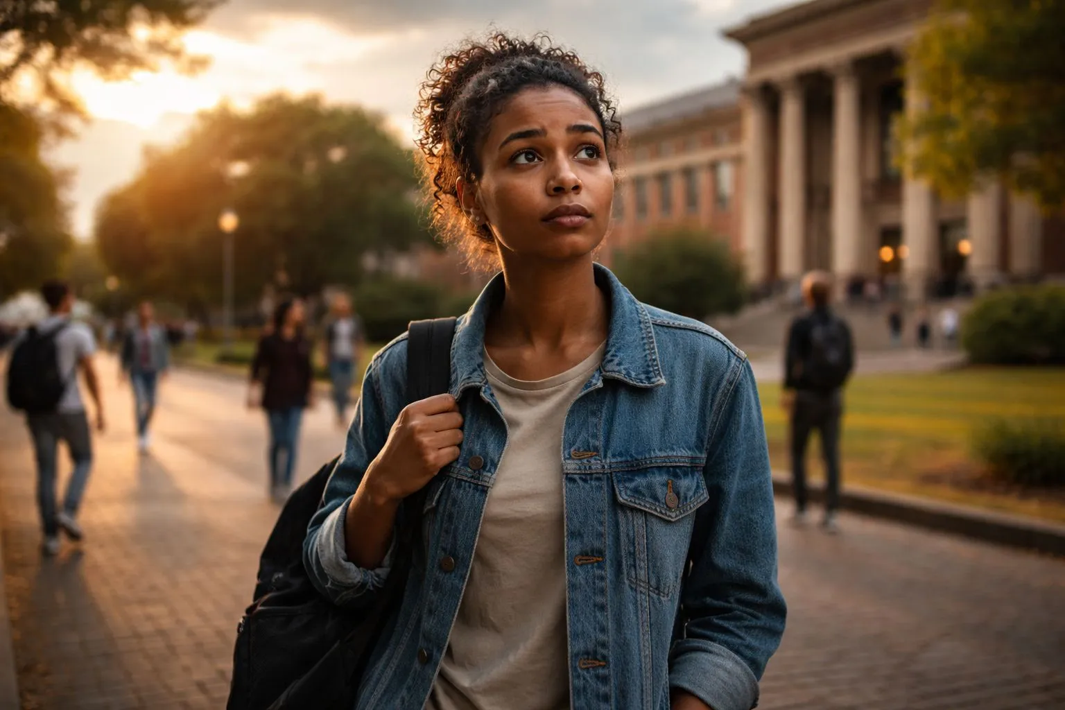 Young South African student standing outside university campus looking hopeful but worried