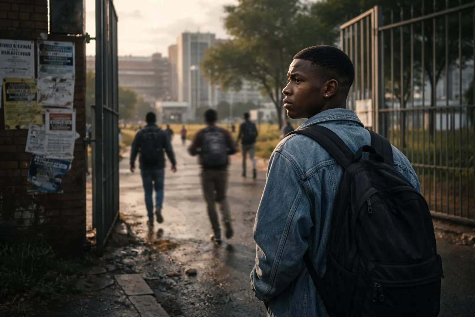 Young South African student standing outside a university gate looking worried about study choices