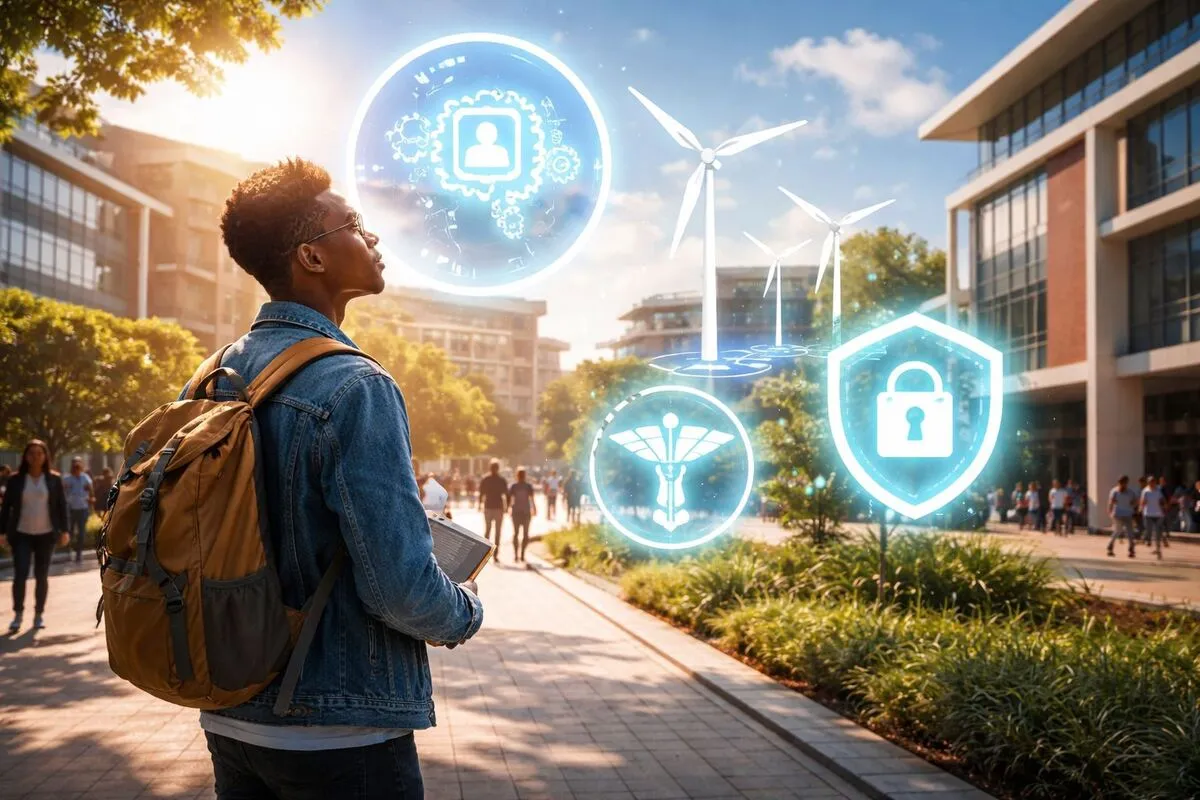 South African university student looking at futuristic career options like AI and renewable energy