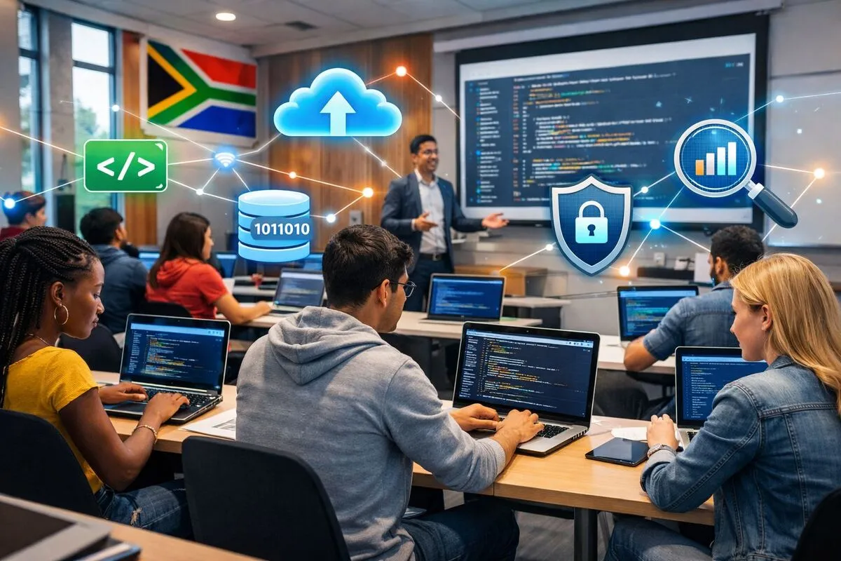 South African university students learning digital tech skills on laptops