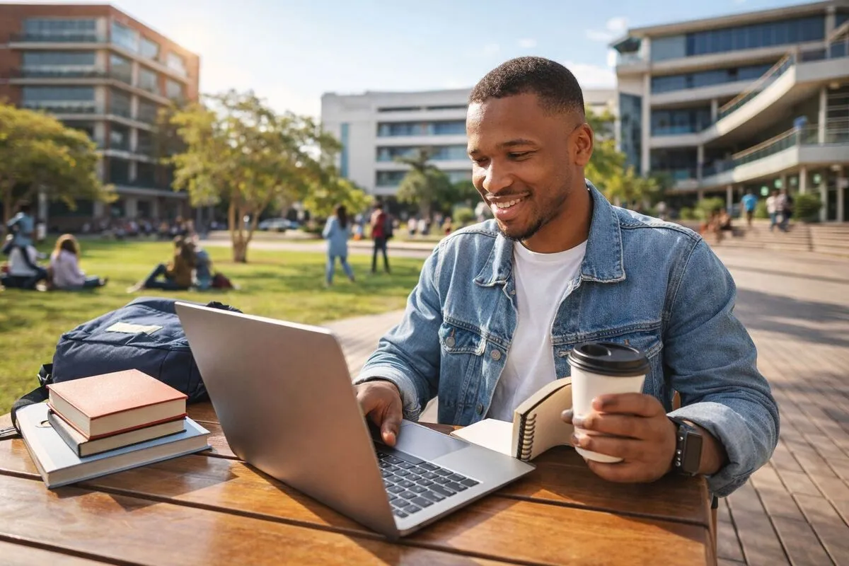 South African university student working on a laptop while studying