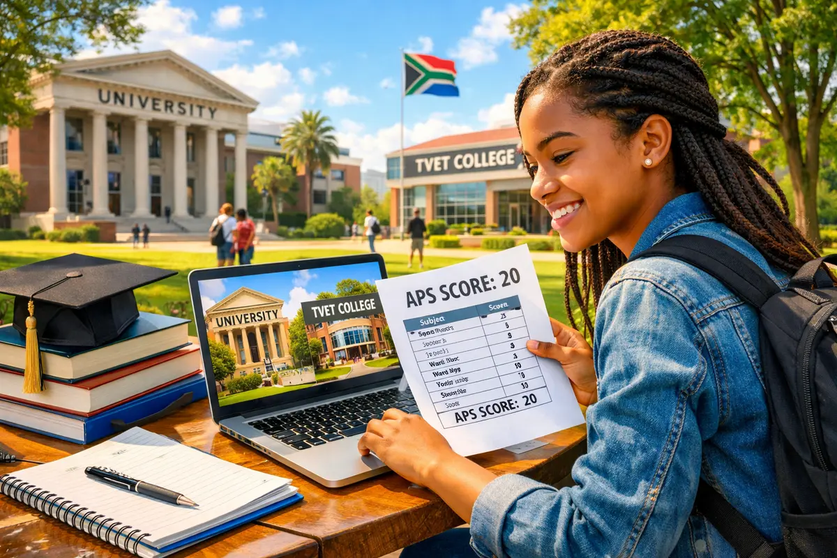 Student checking APS score while planning university or TVET college study options in South Africa