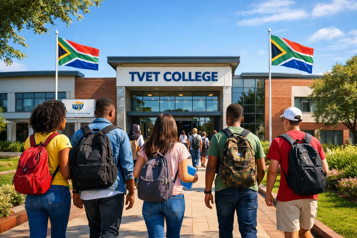 Students walking into a South African TVET college campus building