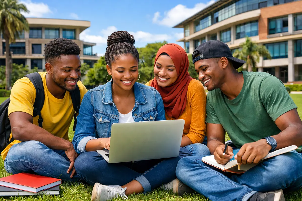 Students sitting on campus using a laptop and discussing studies