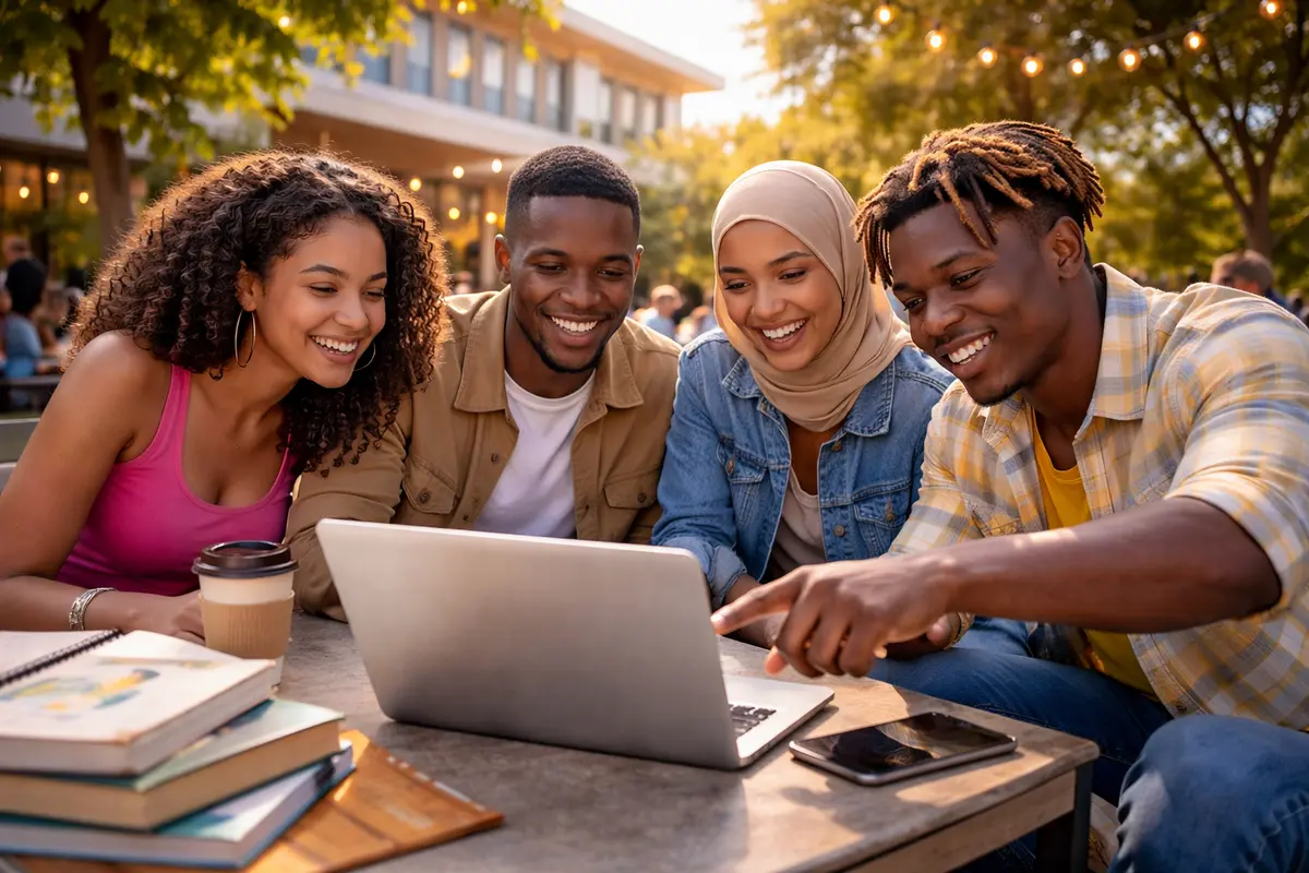 Students sitting outside campus using a laptop discussing short courses
