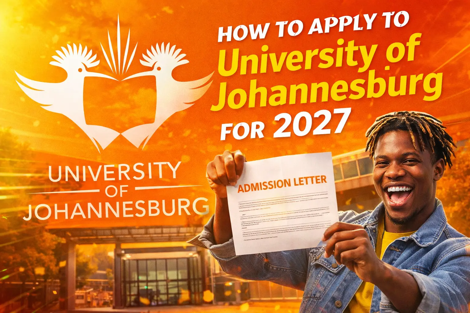 Student holding university admission letter with UJ logo in background