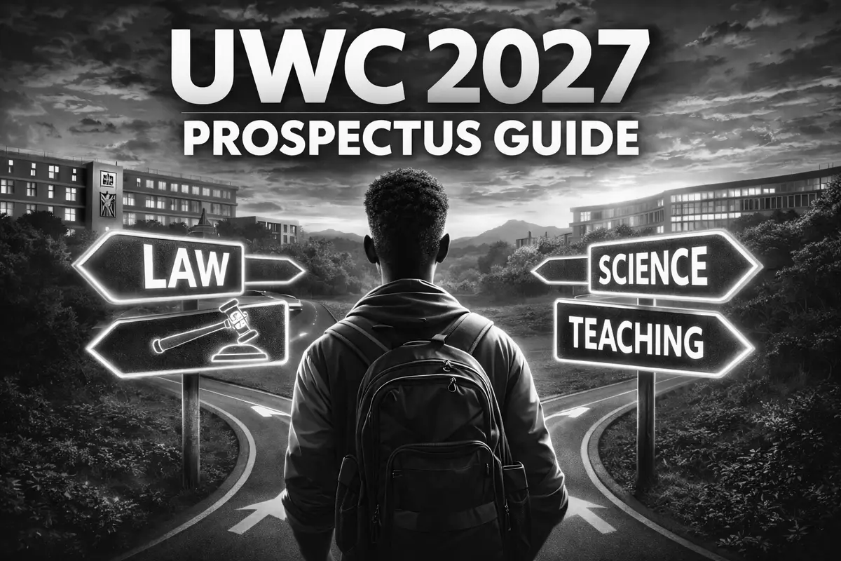 UWC prospectus guide with bold academic theme and South African student journey