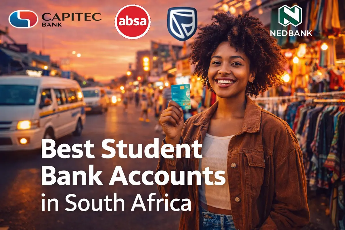 Young South African student using bank card in a vibrant city setting