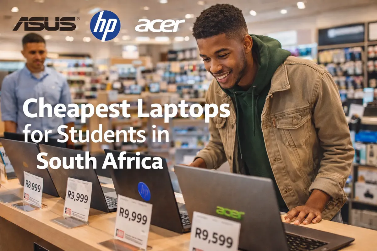 South African student choosing a laptop inside an electronics store