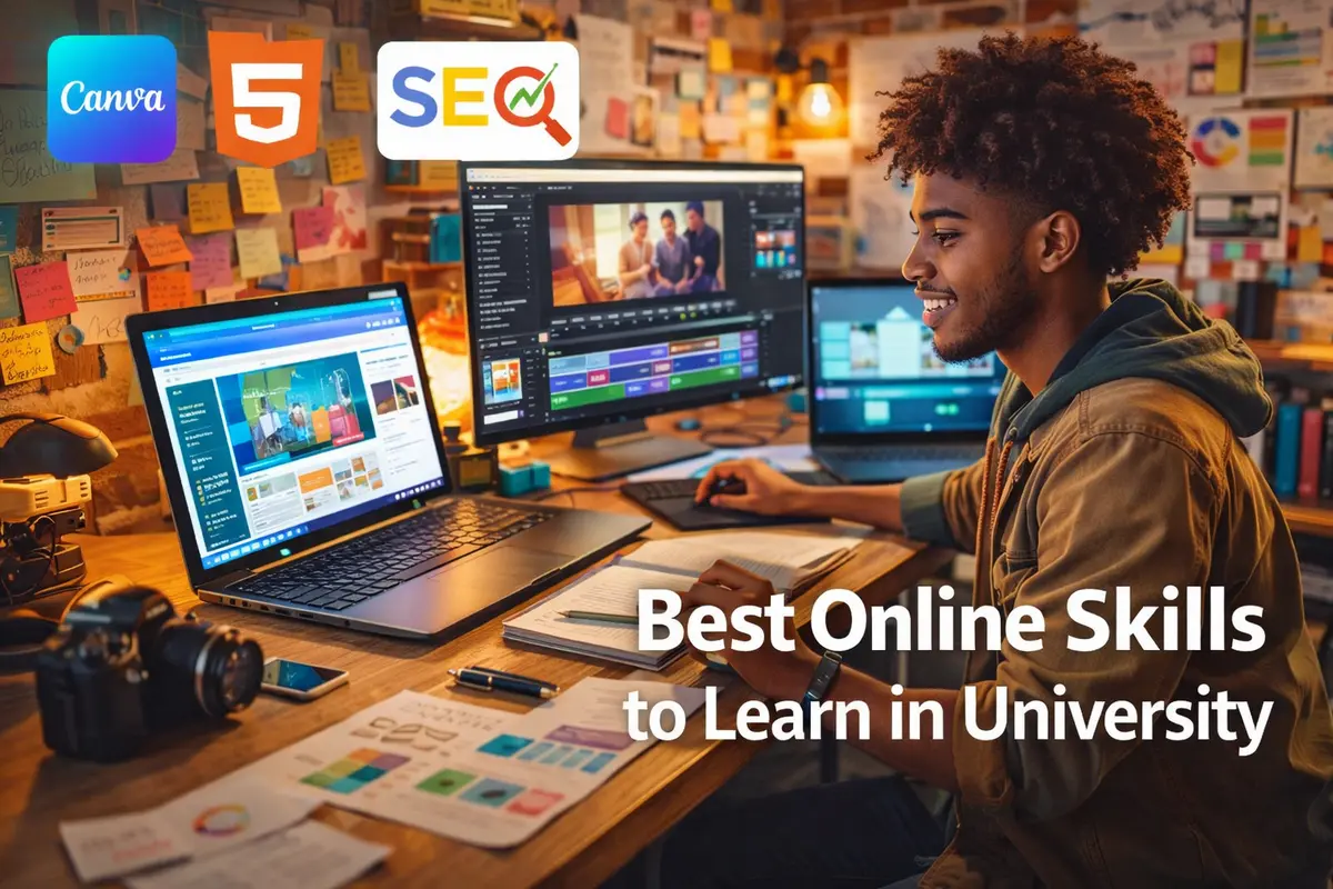 Young South African student working on creative digital skills in a vibrant workspace