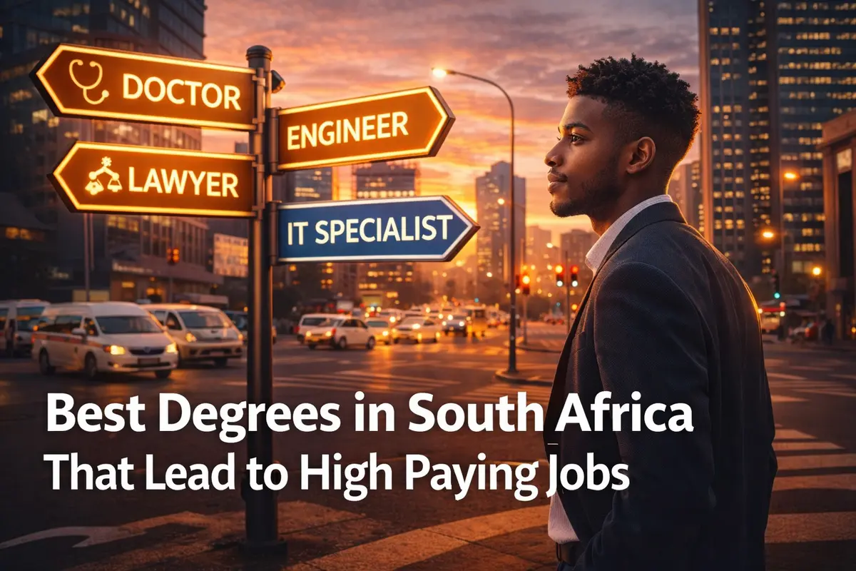 Young South African graduate choosing between different career paths in a modern city setting