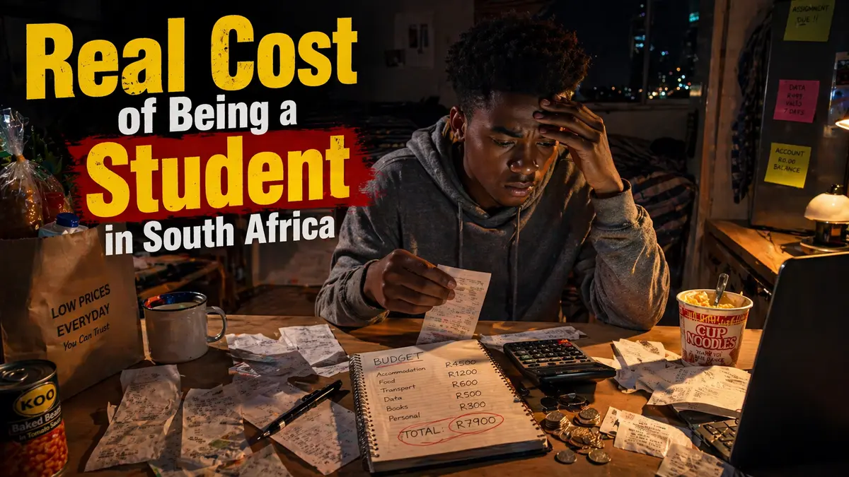 South African student sitting with receipts and money looking stressed about expenses