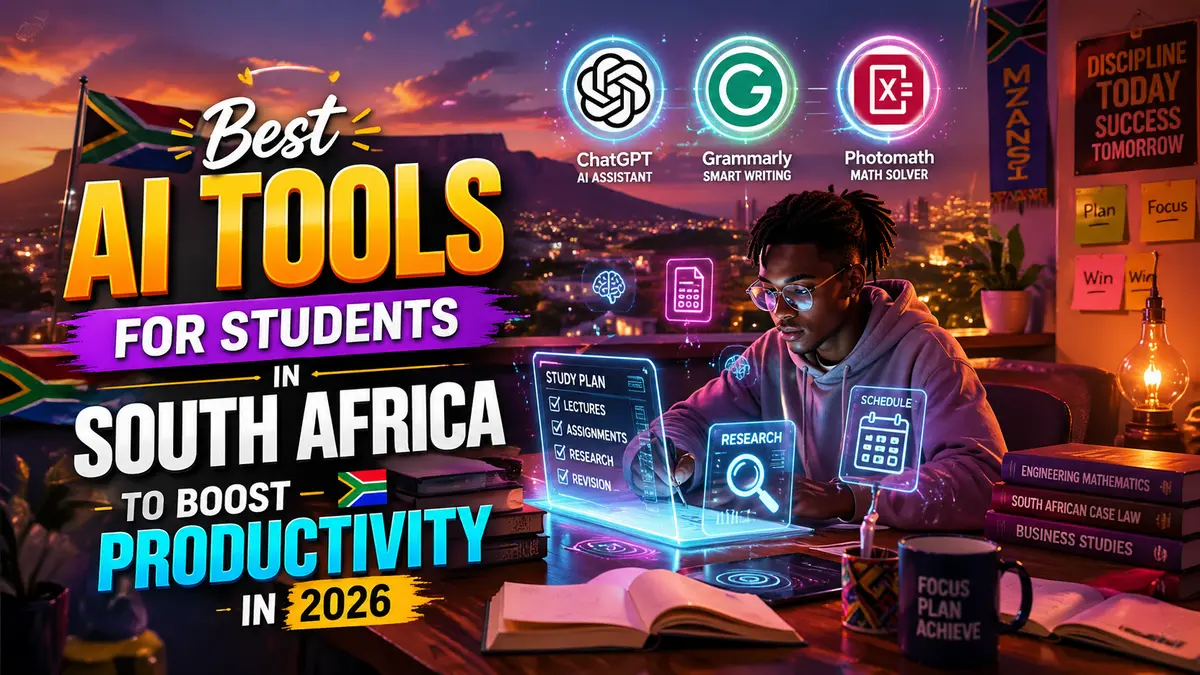 Colorful futuristic desk with floating AI icons helping a student study in South Africa