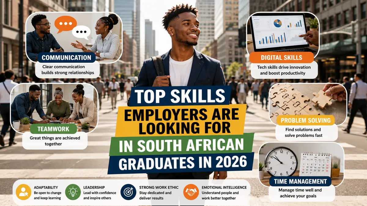 Young South African graduate surrounded by workplace skills and career elements